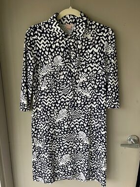 Printed Navy and White Midi Shirt Dress